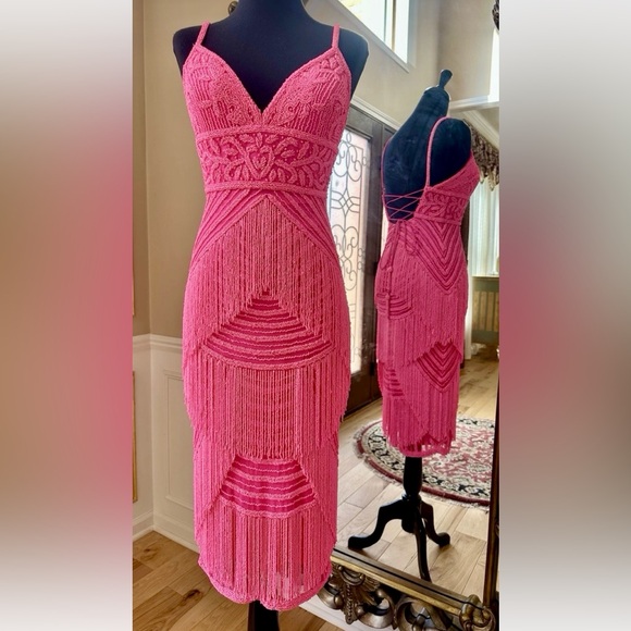 Splendid V-neckline Frilled Bodycon Tea-length Dress by Jovani Hot Pink Size 6 - Picture 2 of 15